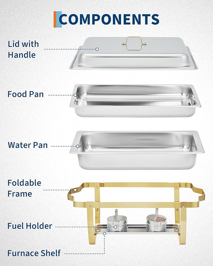 Garvee Chafing Dish Buffet Set 4 Pack, 8QT Buffet Servers and Warmers Set with Lid & Foldable Frame, Rectangular Stainless Steel Chafer Food Warmer for Parties Wedding Catering Supplies, Gold