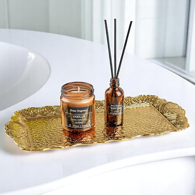 Alisveristime Small Ornate Metal Serving Tray – Ottoman Motif Decorative Tray (14.2" x 7.1", 10.8 oz) (Gold)