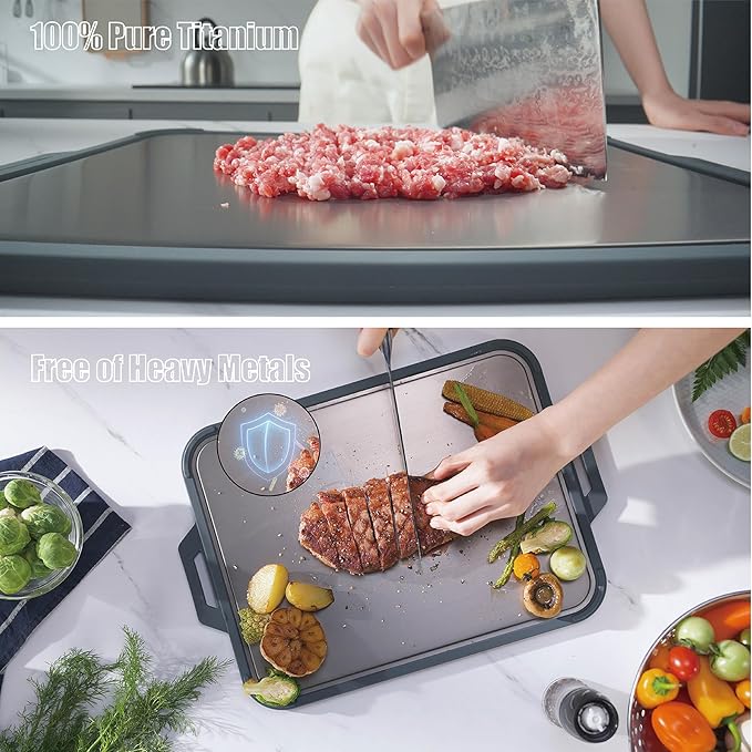Titanium Cutting Board for Kitchen, Cutting Board Double Sided with Juice Groove, Food Grade Pure Titanium and Wood Fiber Composite, for Chopping Meat/Vegetables/Fruit Dishwasher Safe 16"×11"