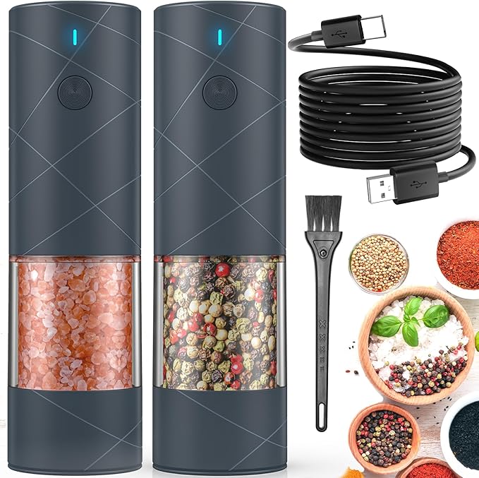 2Pack Electric Salt and Pepper Grinder Set USB Rechargeable with Warm LED Light, Adjustable Coarseness Lidaop Large Capacity Automatic Salt Pepper Mill Grinder for Kitchen, Restaurant, Outdoor (Grey)