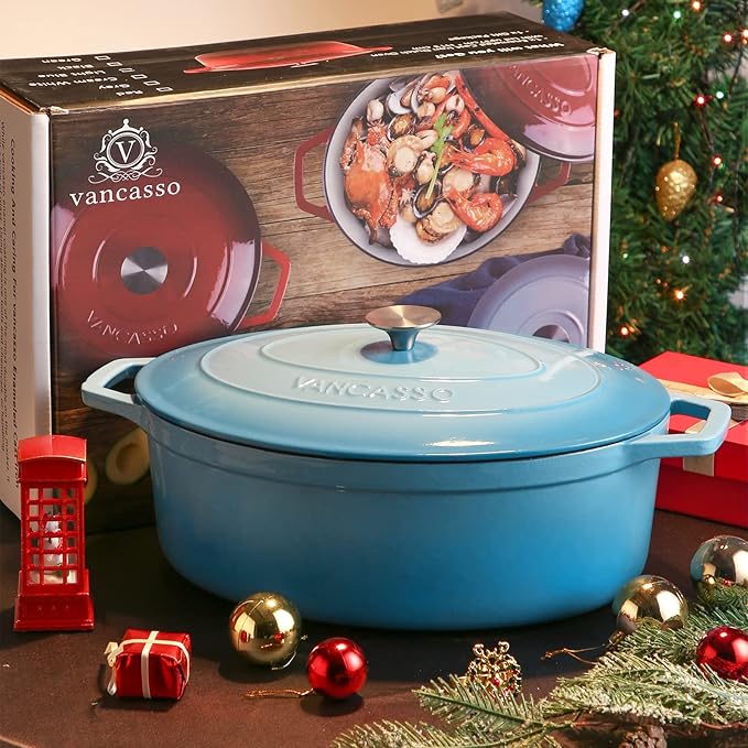 vancasso Enameled Cast Iron Dutch Oven, 9.3 Quart Dutch Oven Pot with Lid, Oval Dutch Oven Cast Iron Pot with Non Stick Coating for Bread Baking, Light Blue