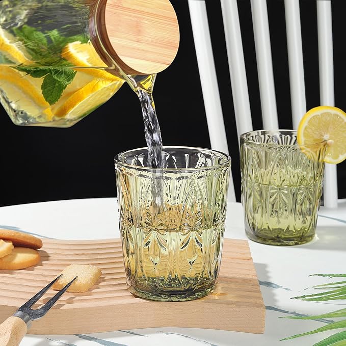 Joeyan Green Vintage Drinking Glasses,Embossed Small Water Glass Tumbler with Floral Design,11oz Colored Decorative Glassware for Beverages Juice Whisky Cocktail Beer Wine,Set of 6,Dishwasher Safe