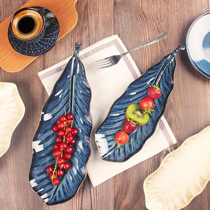 Serving Platter Olives Plate Set of 2, Large Serving Tray for Entertaining, Porcelain Trays and Platters, Salad Appetizer Tray,Dishwasher & Microwave Safe, Royal blue 14.5 Inch