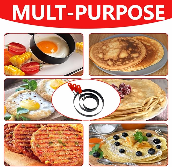 Stainless Steel Pancake Omelet Egg Ring Set, 4/6/8 Inch Round Egg Cooker Rings, Non-Stick, Foldable Handle, Dishwasher Safe