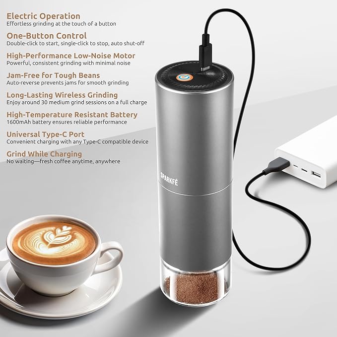 Portable Electric Coffee Grinder, Rechargeable Handheld Grinder with Stainless Steel Conical Burr, Adjustable Grind Settings, for Espresso, Moka, Pour Over, French Press, Cold Brew, Obsidian
