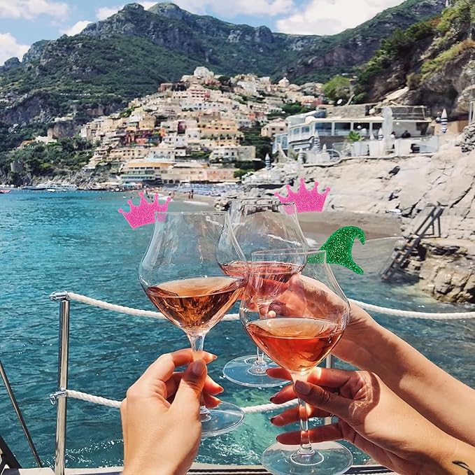 20 Pack Pink and Green Party Decrations, Princess and Witch Party Accessories, Green Witch Broomstick and Glitter Pink Princess Wand Cocktail Stir Sticks for Themed Parties (Wine Glass Charms)