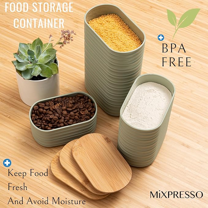Mixpresso Olive Green Canisters Sets for the Kitchen – 3-Piece Airtight Plastic Sugar Container Set with Bamboo Lids in Three Different Sizes – Decorative Modern Storage Jars for Coffee &Tea