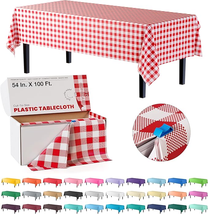 Exquisite Party Solids 54 Inch X 100 Feet Red Gingham Plastic Table Cover Roll in A Cut - to - Size Box with Convenient Slide Cutter. Cuts Up to 12 Rectangle 8 Feet Plastic Disposable Tablecloths