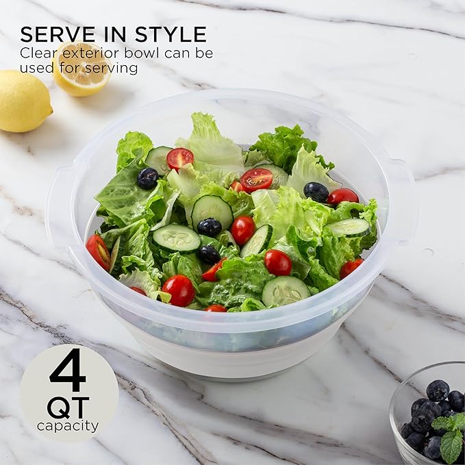 COOK WITH COLOR Collapsible Salad Spinner - 4 QT Space Saving Lettuce Dryer with Folding Collapsible Colander Great for Washing and Drying Fruit and Vegetables (White)
