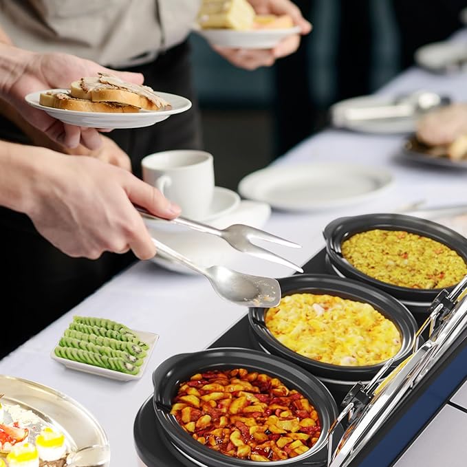 Triple Slow Cooker, Buffet Food Warmer with 3 x 1.5 QT Removable Ceramic Pots, Buffet Servers and Warmers with Glass Lids and 3 Spoons, Stainless Steel, Blue