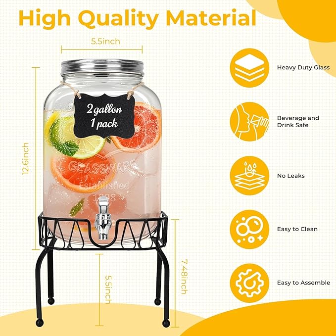 DHSBTLS 2 Gallon Glass Drink Dispensers, 1 Pack Clear Beverage Dispenser for Party, BBQ and Picnic, Juice Dispenser with Ice Core, Black Stand, Spigot, Markers and Chalkboard