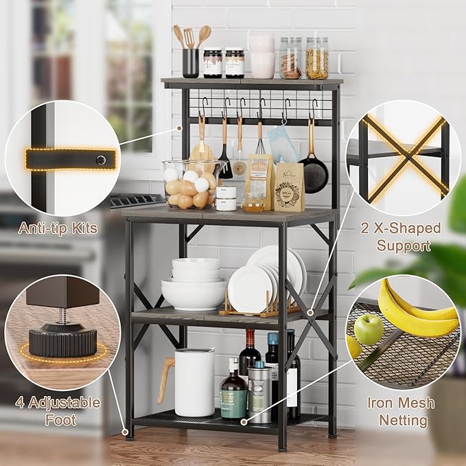 Furologee Kitchen Bakers Rack, Microwave Stand with Storage 4 Tiers, Coffee Bar Station with 6 S Hooks and Pegboard, Kitchen Shelves Rack for Spices, Pots, Black Oak