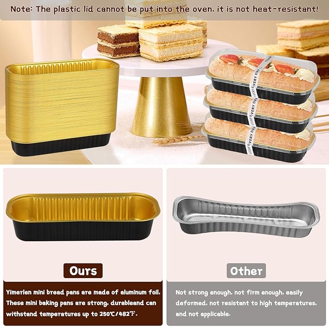 200 Pack Mini Loaf Pans Mini Cake Pans with Lids and Spoons Sealing Sticker, 6.8oz Rectangle Aluminum Foil Baking Pans Disposable Loaf Cake Pan for Baking (Black)