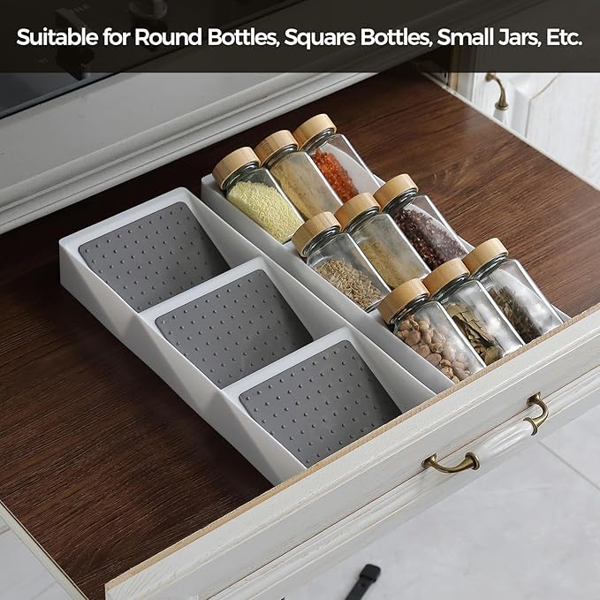Spice Drawer Organizer, 3 Tier Non-Slip Silicone Seasoning Jars Drawer Insert, Spice Rack Organization for Kitchen Spice Rack Tray for Cabinet Countertop Makeup Storage-2 Pack