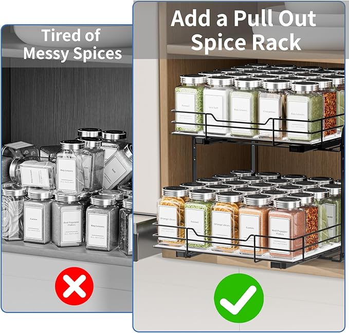 2-Tier Spice Rack Organizer, Pull Out Spice Rack for Cabinet, Height Adjustable Heavy Duty Metal Basket for Inside Cabinet & Pantry (11.5''Wx10.5''Dx9.5''H)