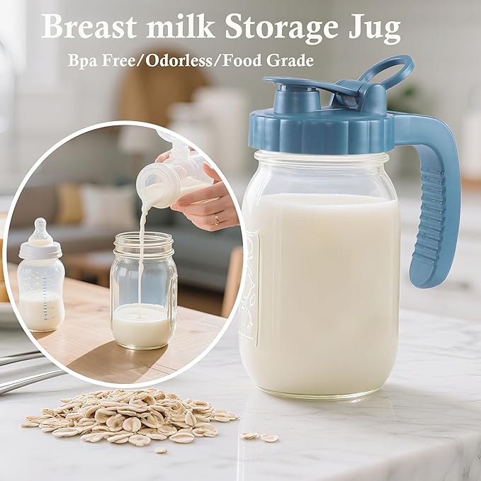 Mason Jar Pitcher 32 OZ With Pour Spout Lids 1 Quart Wide Mouth Water Pitcher Airtight And Leakproof Glass Carafe With Handle And Flip Cap For Milk, Iced Tea, Cold Brew Coffee, Juice, Infused Water