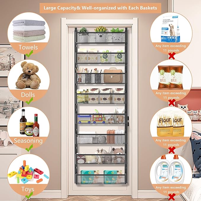 8-Tier Over The Door Pantry Organizer with Mesh Baskets, Adjustable & Stable Hanging Spice Rack for Kitchen, Bathroom, Bedroom, and Baby Essentials Storage (16" W 8-Tiers, Black)