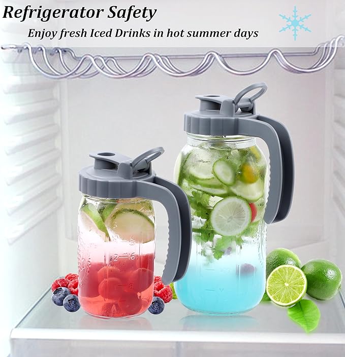 Mason Jar Pitcher 32 OZ Glass Pitcher With Pour Spout Lids Airtight Leak Proof 1 Quart Wide Mouth Water Pitcher With Handle And Flip Cap For Iced Tea, Milk, Sun Tea, Lemonade,Juice, Iced Coffee
