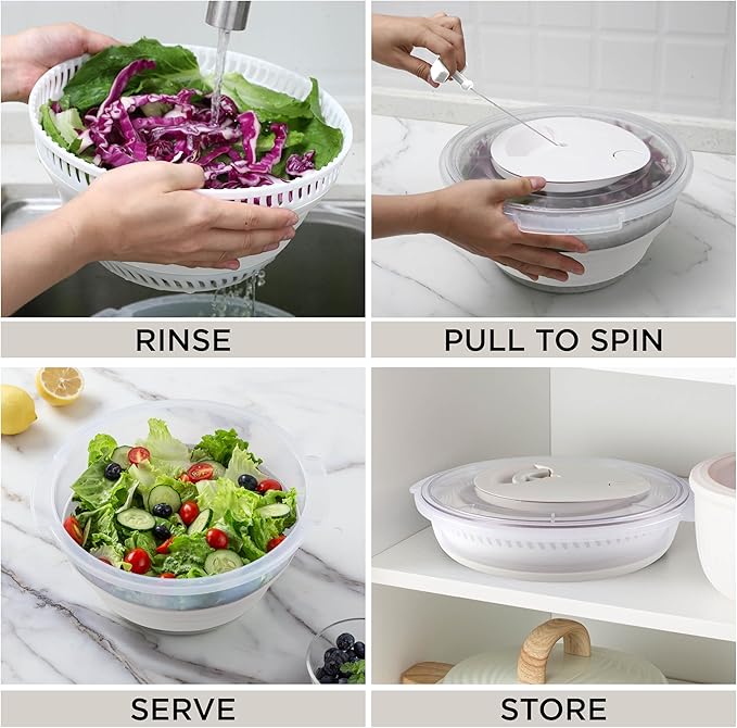 COOK WITH COLOR Collapsible Salad Spinner - 4 QT Space Saving Lettuce Dryer with Folding Collapsible Colander Great for Washing and Drying Fruit and Vegetables (White)