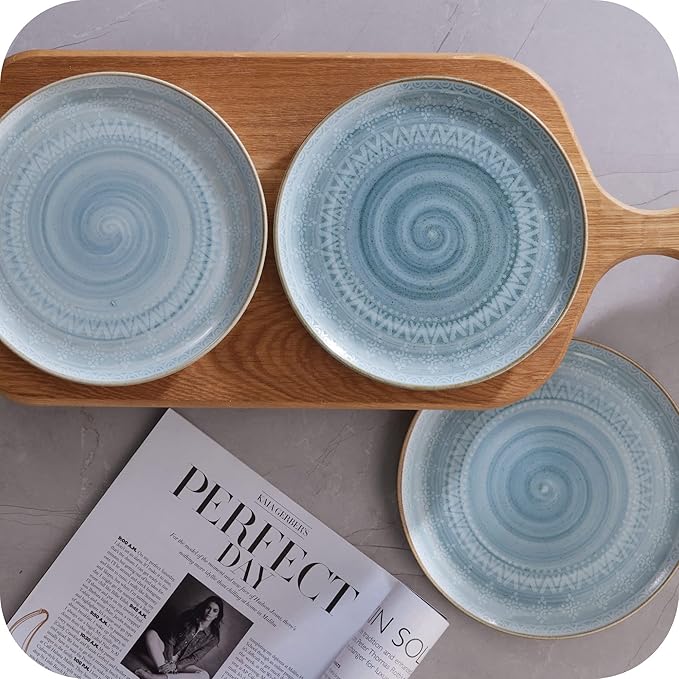 Corona Ceramic SALAD PLATES Set of 4 | Congo 8.4 inch Dish Set | Microwave Oven Dishwasher Safe | Scratch Resistant Modern Rustic Dinnerware |Ethnic desing | platos ensalada
