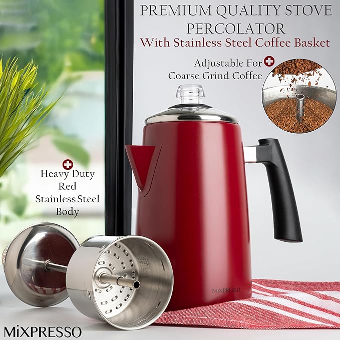 Mixpresso Red Stainless Steel Coffee Percolator Stovetop, 52 oz Classic Percolator Coffee Pot, Great For Camping Pot, 12 Cup Stove Top Espresso Maker, Cool-Touch Handle