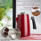 Mixpresso Red Stainless Steel Coffee Percolator Stovetop, 52 oz Classic Percolator Coffee Pot, Great For Camping Pot, 12 Cup Stove Top Espresso Maker, Cool-Touch Handle