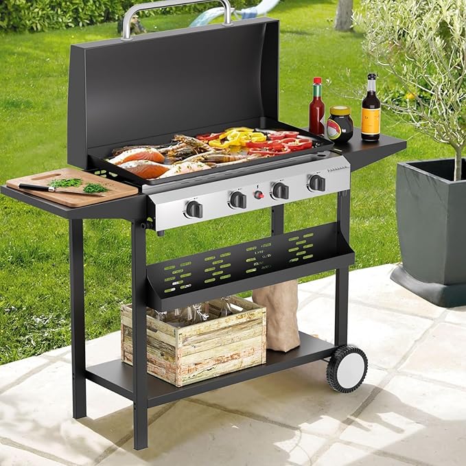 4 Burner Propane Griddle with Lid, 30 Inch Stainless Steel Portable Detachable Gas Griddle, 60,000 BTU Flat Top Grill with Side Shelves for Camping