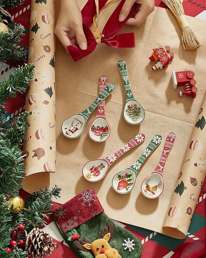 Christmas Spoons, Ceramic Small Serving Spoons for Soups, Cereal, Ice Cream, Condiments, Dips, Charcuterie Boards, Dishwasher & Microwave Safe, Watercolor, Set of 6