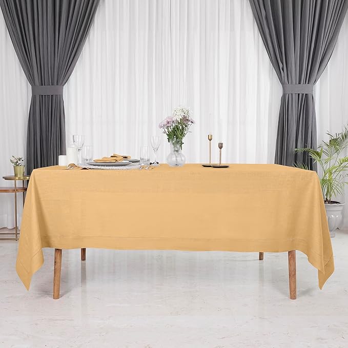 D'Moksha Homes Beige Linen Tablecloth for Rectangle Tables 60 x 90 Inch - 100% Pure Linen Beige Table Cloth - Classic Hemstitch, Machine Washable Tablecloth for Summer, Fall and Halloween