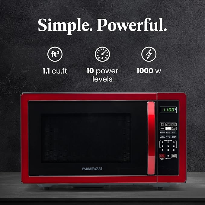 Farberware Countertop Microwave 1000 Watts, 1.1 cu ft - Microwave Oven With LED Lighting and Child Lock - Perfect for Apartments and Dorms - Easy Clean Metallic Red