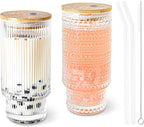 11 oz Drinking Glasses Cups Set of 2 with Bamboo Lids Straws Brush Vintage Small Glassware Set for Mojito Iced Coffee Cocktail Whiskey(Ribbed & Hobnail)