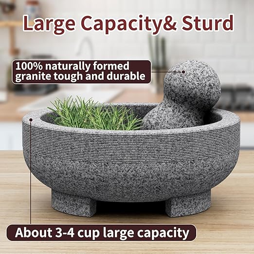 Large Mortar and Pestle - 4 Cup Unpolished Granite Bowl Molcajete Mexican Mortar Handmade Stone Grinder for Guacamole Pastes Pestos in Family Day, Mortar and Pestle, Gray, 8 Inches
