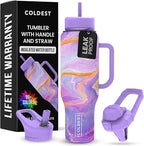 Coldest Tumbler with Handle and Straw - 100% Leak Proof Insulated Tumbler with Lid and Straw (3 Lids) - Stainless Steel Tumblers for Women & Men - Cup Holder Friendly Base, 46 oz (Purple Luna)