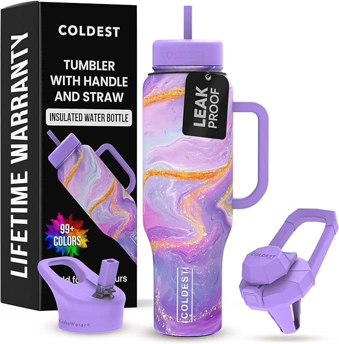 Coldest Tumbler with Handle and Straw - 100% Leak Proof Insulated Tumbler with Lid and Straw (3 Lids) - Stainless Steel Tumblers for Women & Men - Cup Holder Friendly Base, 46 oz (Purple Luna)
