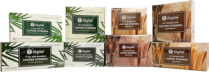 10,000 Count | KingSeal Natural Birch Wood Coffee Beverage Stirrers, Stir Sticks, 5.5 Inches, Round End, Bulk Pack - 10 Boxes x 1000 Stirrers