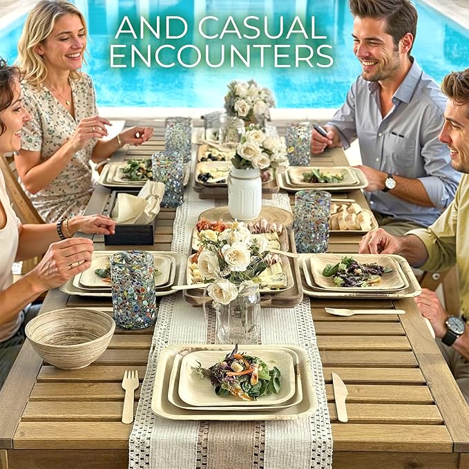 Compostable Square Palm Leaf Plates 8 Inch with Forks & Knives (50 Each) - Like Bamboo Plates, Disposable Party Plates, Biodegradable, Eco-Friendly, Microwave & Oven Safe