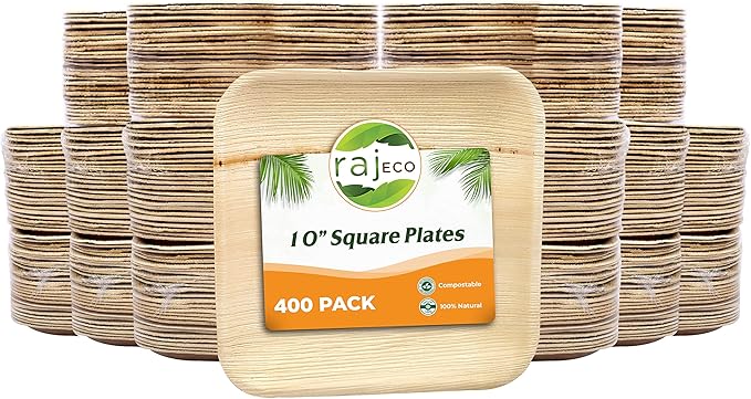 Raj Palm Leaf Plates [400-Pack] 10" Square Plates like Bamboo plates Disposable, Strong, Decorative Compostable Tableware for wedding, Lunch, Dinner, Birthday, Camping, Outdoor BBQ, Picnic…
