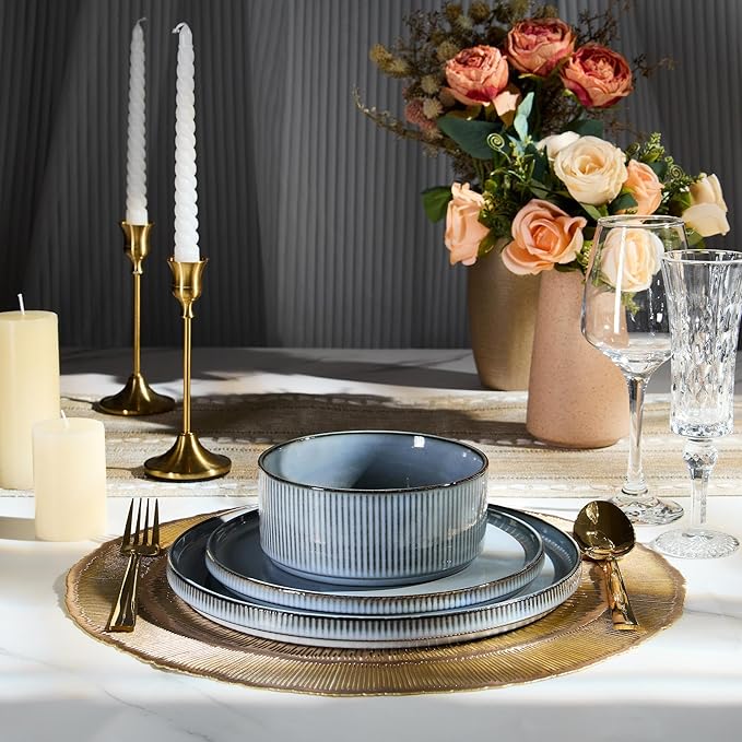 E-far 12-Piece Plates and Bowls Sets, Stoneware Dinnerware Dishes Sets for 4, Kitchen Modern Dining Dishware, Chip & Scratch Resistant, Microwave & Dishwasher Safe, Dusty Blue