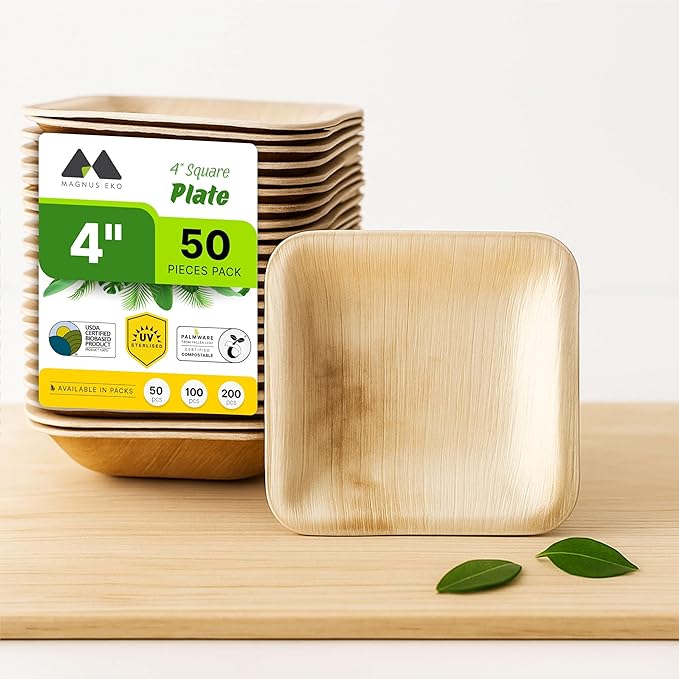 | 4" Square Palm Leaf Plates (50 Pcs) Disposable Plate Bamboo Like Party Pack, Compostable & Biodegradable Plate for Desserts, Eco Friendly Alternative to Plastic Bowl Paper Plates