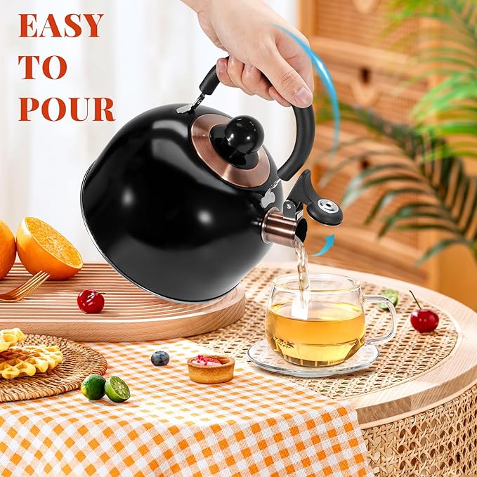 GGC 2.6QT Tea Kettle for Stove Tops, Whistling Tea Kettles for Boiling Water Coffee or Milk, Black Stainless Steel Tea Pots with Folding Handle, Thumb Design Control Kettle Outlet