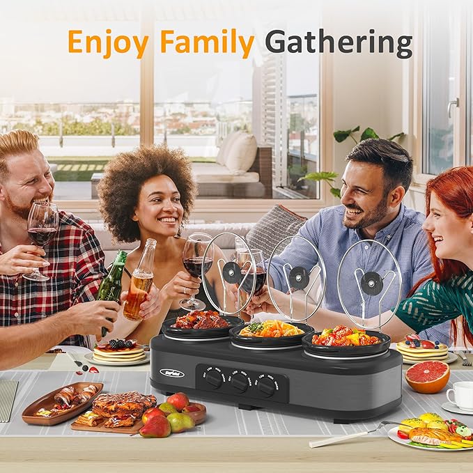 Triple Slow Cooker, Buffet Food Warmer with 3 * 1.5 Quarts Removable Ceramic Pots, Buffet Servers and Warmers with Glass Lids and 3 Spoons, Stainless Steel,Grey