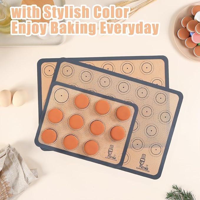 Silicone Baking Mat Macaron - Set of 3 (2 Half Sheet Liners and 1 Quarter Sheet), Non Stick Silicon Cookie Oven Liner For Macaroons, Bake Pans, Pizza, Toaster, Cake and Bread Making (16.5x11.6, Grey)