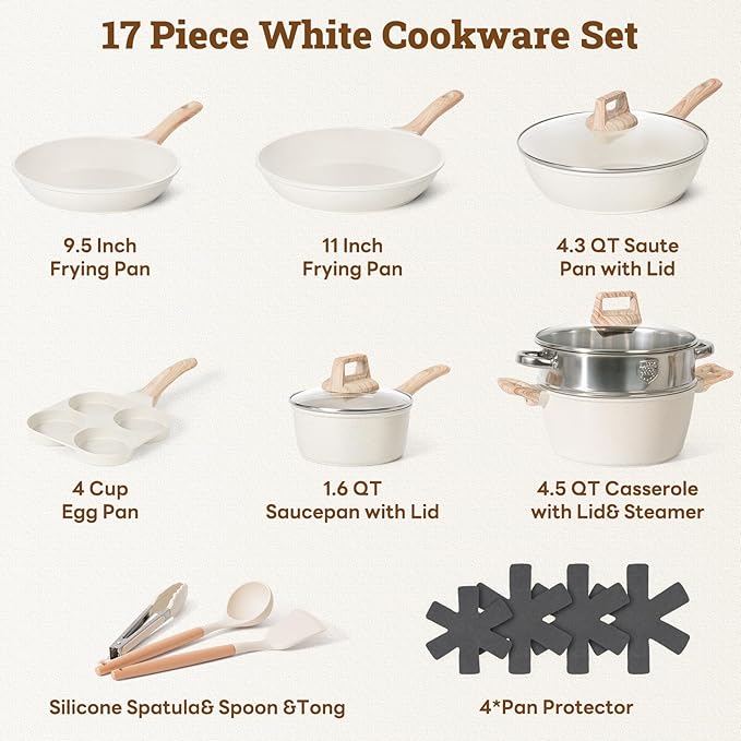17 Pcs Pots and Pans Set Non stick，Cookware Sets White Granite Induction Cookware, Non-toxic Healthy Non Stick Kitchen Cooking Set with Frying Pans Set, Saucepans (PFAS, PFOA, PFOS Free) White