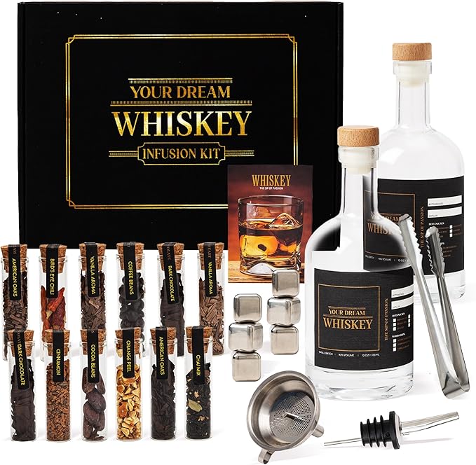 Whiskey Making Kit - DIY Whiskey Gifts For Men Unique - Alcohol Infusion Kit with Bottles, Wood Chips, Botanicals and Stone - Bourbon Birthday Gifts for Men, Dad and Fathers Day - Make Your Own Whisky