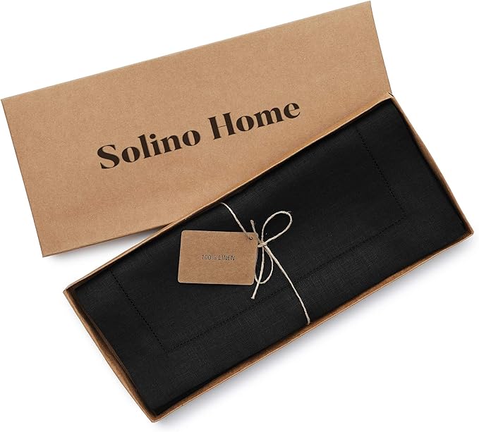 Solino Home Linen Black Table Runner 120 Inches Long - 100% Pure Linen 14 x 120 Inch Table Runner for Summer, Fall, Autumn, Halloween - Classic Hemstitch