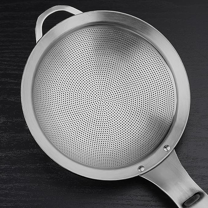 Punch Hole Sieve Fine Mesh Stainless Steel Small Colander Strainer With Handle Metal Micro Sifter Set of 2 for Kitchen Baking and Food Filter Rice,Tea,Pasta,Flour,Juice,Mini 3.55 and 4.33 Inch