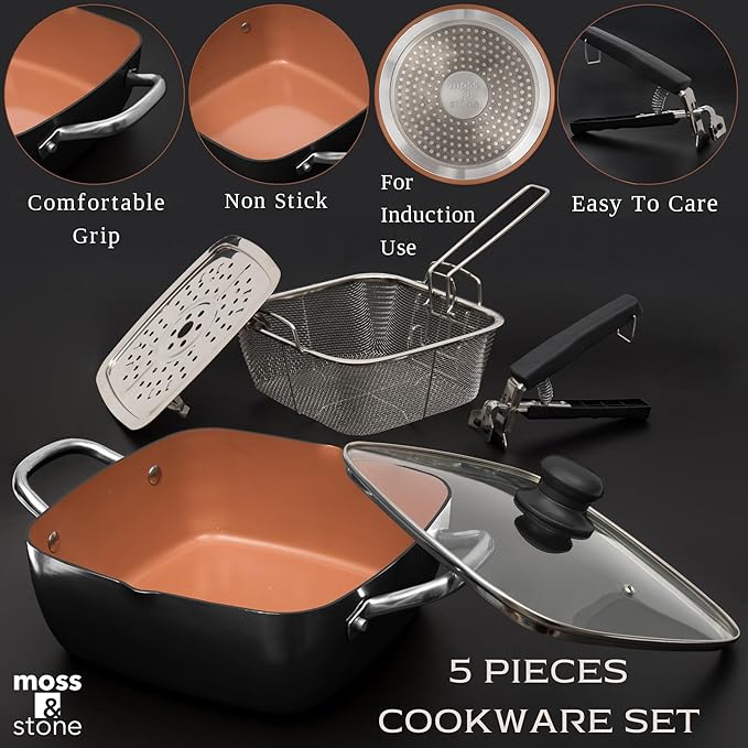 Moss & Stone 5 Pcs Black Copper Chef Cookware Non Stick Deep Frying Pan, Fry Basket, Steamer Rack, Dishwasher & Oven Safe, 5 Qt Deep Square Pan, Induction Copper Cookware Set - 9.5" x 3.5"