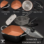 Moss & Stone 5 Pcs Black Copper Chef Cookware Non Stick Deep Frying Pan, Fry Basket, Steamer Rack, Dishwasher & Oven Safe, 5 Qt Deep Square Pan, Induction Copper Cookware Set - 9.5" x 3.5"