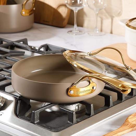 Bloomhouse - Two Time Oprah's Favorite Things Winner - 10 Inch Heavy Duty Aluminum Premium PFA Free Ceramic Nonstick Saute/Deep Frying Pan Skillet with Lid - Cappuccino Cream with Gold Handle