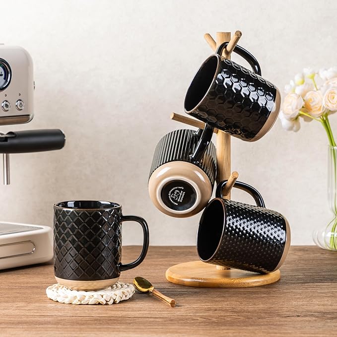 GBHOME Large Coffee Mugs Set of 4, 16oz Handmade Stoneware Coffee Mugs Set with Large Handle for Cappuccino/Latte/Tea/Hot Cocoa, Dishwasher & Microwave Safe, Black